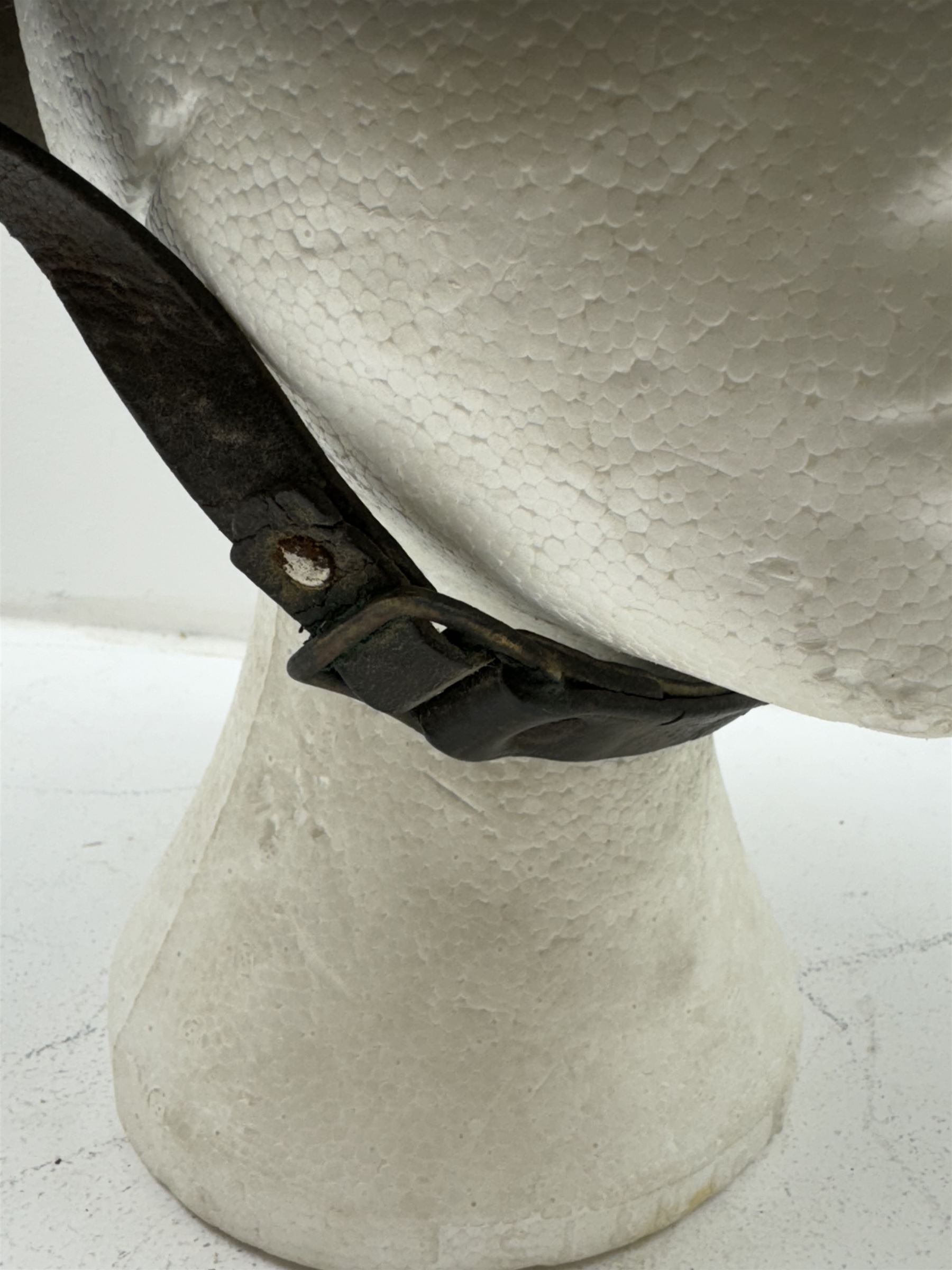 WWII Portuguese steel M1940 combat helmet with original leather liner and strap, D23cm  