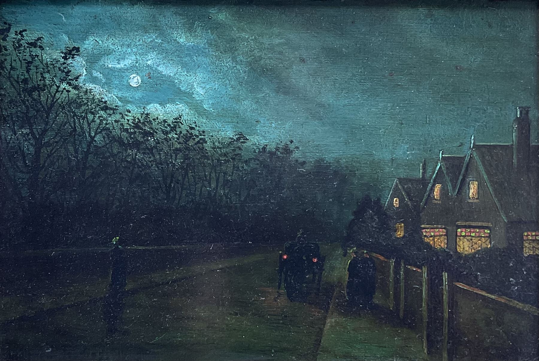 Wilfred Bosworth Jenkins (British 1857-1936): Moonlight Suburban Street, oil on panel signed 20cm x 30cm