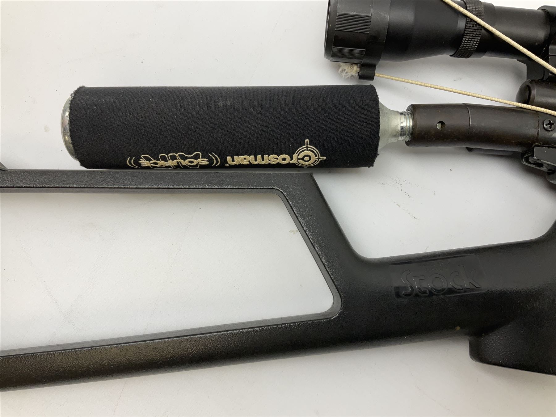 Crosman .22 air rifle with gas cylinder, model AS2250, with bolt action, skeleton stock, moderator and Hawke 4x32 telescopic sight with infra red facility, serial no.803B11493, L88.5cm