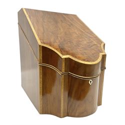 Mahogany stationery box in the form of a Georgian knife box, of serpentine fronted form with strung detail to the hinged cover and body, H38cm