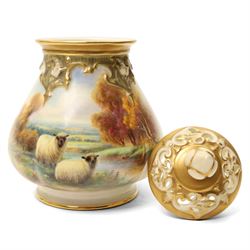 Royal Worcester Pot Pourri with pierced cover, the quatre lobed body painted with two sheep in a moorland setting by Harry Davis, date code for 1923 H17cm