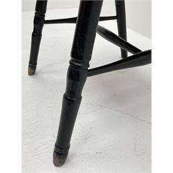 18th century West Country ash and elm Windsor armchair, high hoop and stick back, turned supports with H stretcher, green paint finish