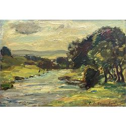 Reginald Grange Brundrit RA ROI (British 1883-1960): The River Wharfe, oil on panel signed 24cm x 35cm