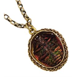 Early 20th century 18ct gold scarab beetle pendant, on 9ct gold necklace