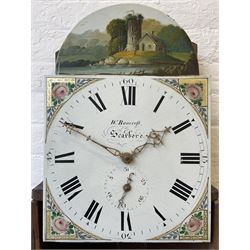 Thirty-hour oak cased longcase clock by  William Bancroft of Scarborough circa 1830, with a swan’s neck pediment, brass patera and three brass spire and ball finials, stepped break arch hood door flanked by plain pillars with brass capitals, trunk with a full length door and curved arch top, on a plain square plinth with bracket feet, painted break arch dial with roman numerals and quarter hour Arabic’s, date recorder (anti clockwise) and matching brass hands, arch painted with a rural scene depicting a ruined tower and cottage with depictions of flowers to the spandrels, dial pinned directly to a chain driven countwheel striking movement, striking the hours on a bell. With weight and pendulum. The Bancroft family were prodigious Scarborough clockmakers during the 18th and 19th century, William Bancroft is recorded as working in Newborough Street from 1820 onwards. 


