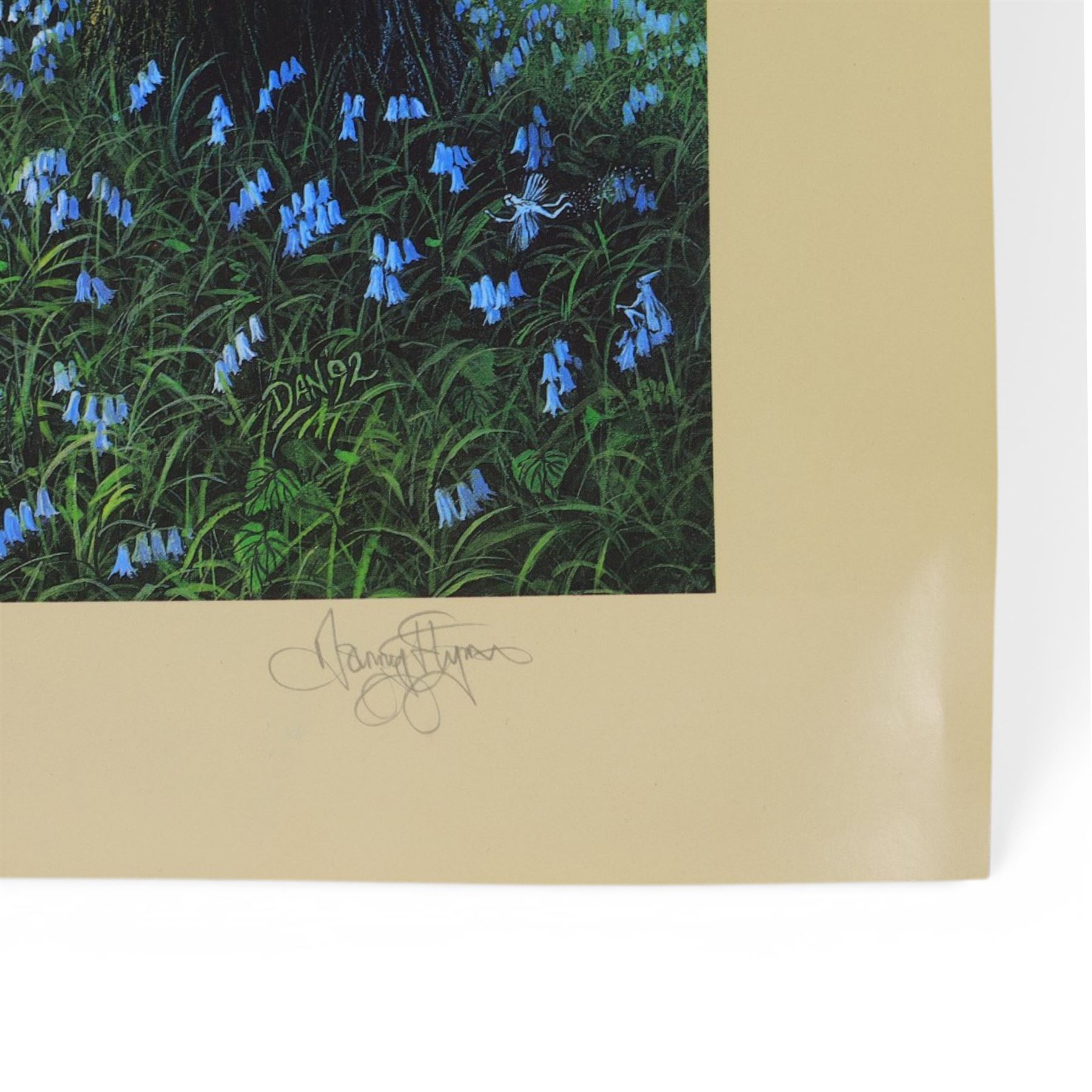 Danny Flynn (British 1958-): digital print of for a 90s TV show that never came to air featuring Danny Flynn in the centre and Arthur C Clarke looking on, two limited edition signed prints of a bluebell wood, two further signed limited edition prints of birds in surreal landscapes and a collection of postcards, three prints framed, largest H34cm

Notes: This item is from the private collection of Arthur C. Clarke's brother.