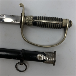  WW II German SS sword, unmarked 83cm fullered blade with D-shaped knuckle bow and wire bound hardwood grip inset with SS roundel, L96cm, in black painted steel scabbard mao0107   