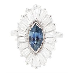 14ct white gold sapphire and diamond cluster ring, single unheated marquise cut teal sapph...