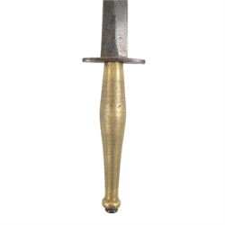 Fairbairn Sykes Fighting Knife, the 17cm double edged blade etched to the ricasso 'F-S Fighting Knife', brass checkered grip with steel ball pommel nut, overall L29cm