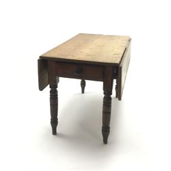 Early 20th century pine drop leaf Pembroke table, single drawer, turned supports