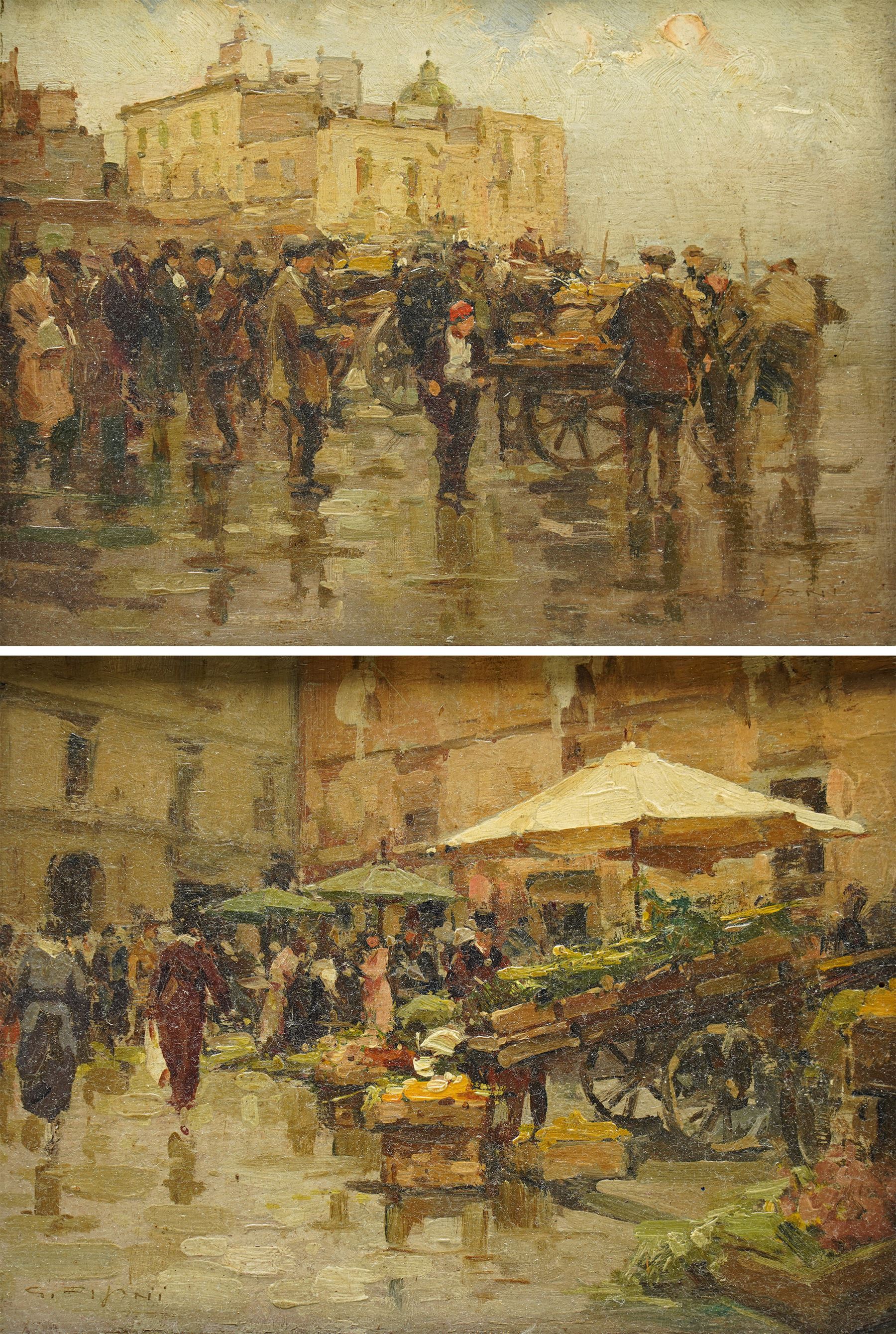 Gustavo Pisani (Italian 1877-1948): Figures and Flower Sellers in Napoli Markets, pair oils on panel signed 18cm x 23cm (2)