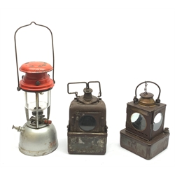  Welch Patent railway lamp by Lamp Manufacturing and Railway Supplies Ltd. bearing LMS plaque H23cm, another railway lamp of bow-fronted form by the same maker and Bialaddin Model 315 pressure lantern (3)  