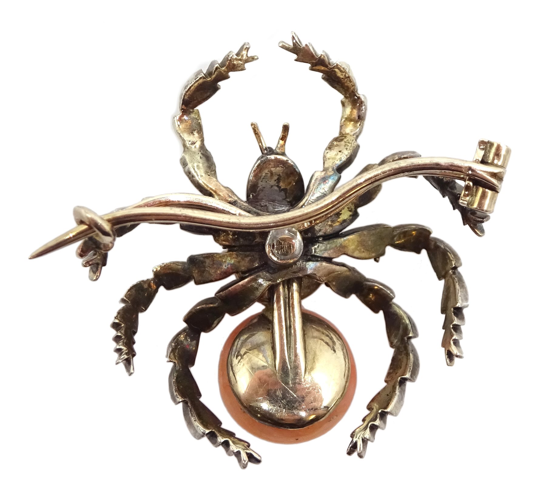 Victorian gold and silver spider brooch, set with diamonds, coral and a grey split pearl 