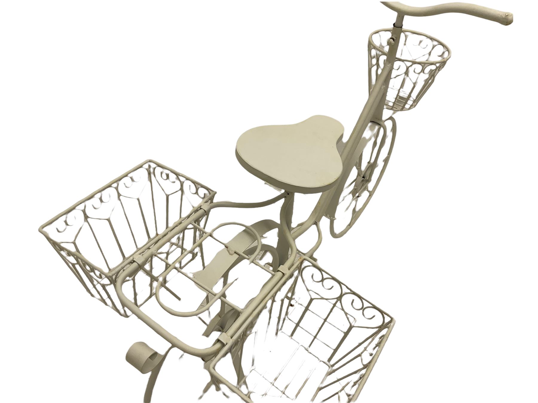 Small wrought metal garden bicycle planter, white painted finish 
