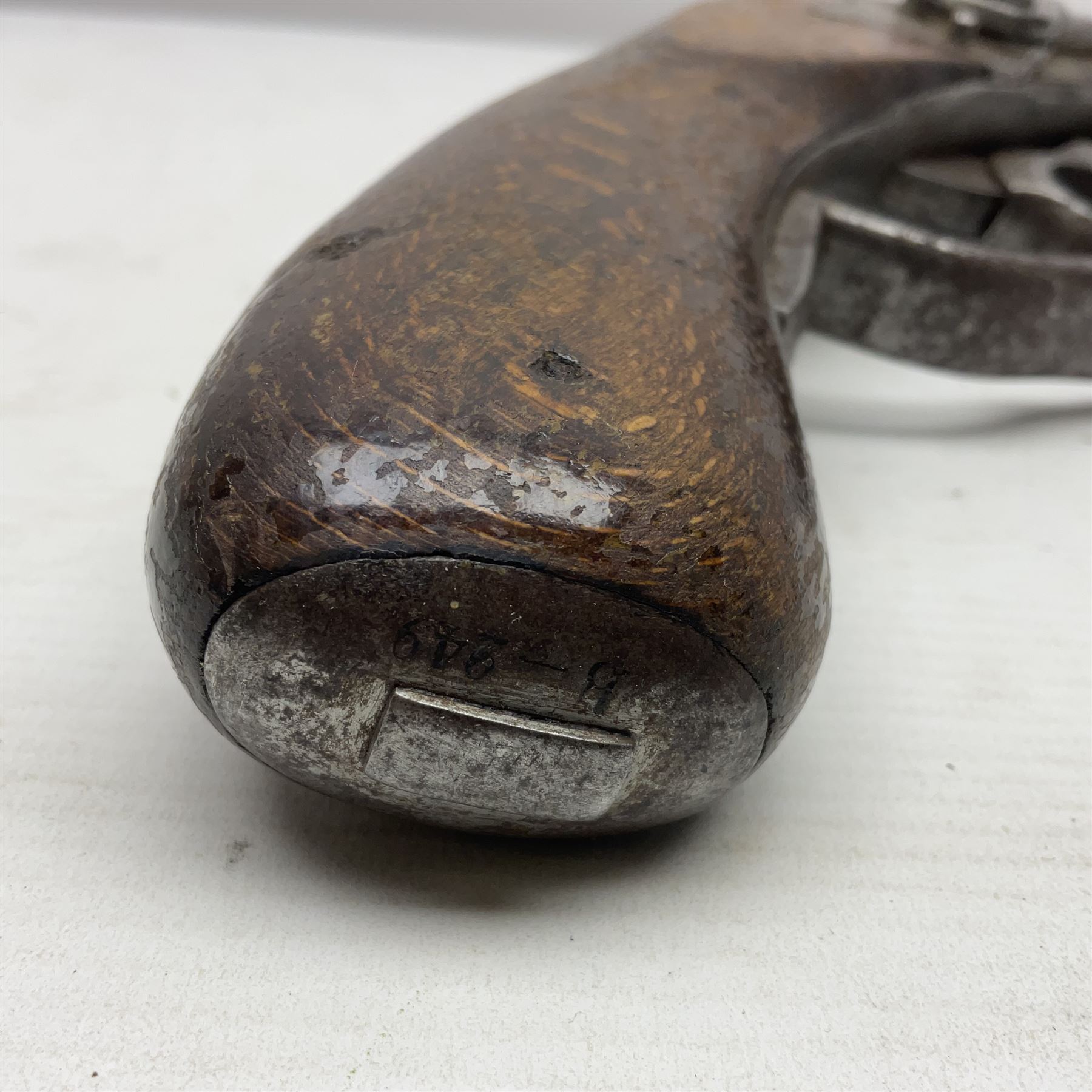 Mid-19th century military Model 1841 Bavarian Lindner style breech loading percussion pistol dated 1842, approximately 16mm cal., 21.5cm rifled octagonal barrel with fixed front and rear sights, unusual under action percussion hammer, profuse ordnance marks and repeated serial number B-249; two stamps to wooden stock L47cm overall