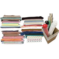 Haberdashery Shop Stock: Rolls of fabric to include striped cottons, polkadot tulle, stage satin, lace fabric, netting, cotton Jersey, lining fabric, felt and others (qty)