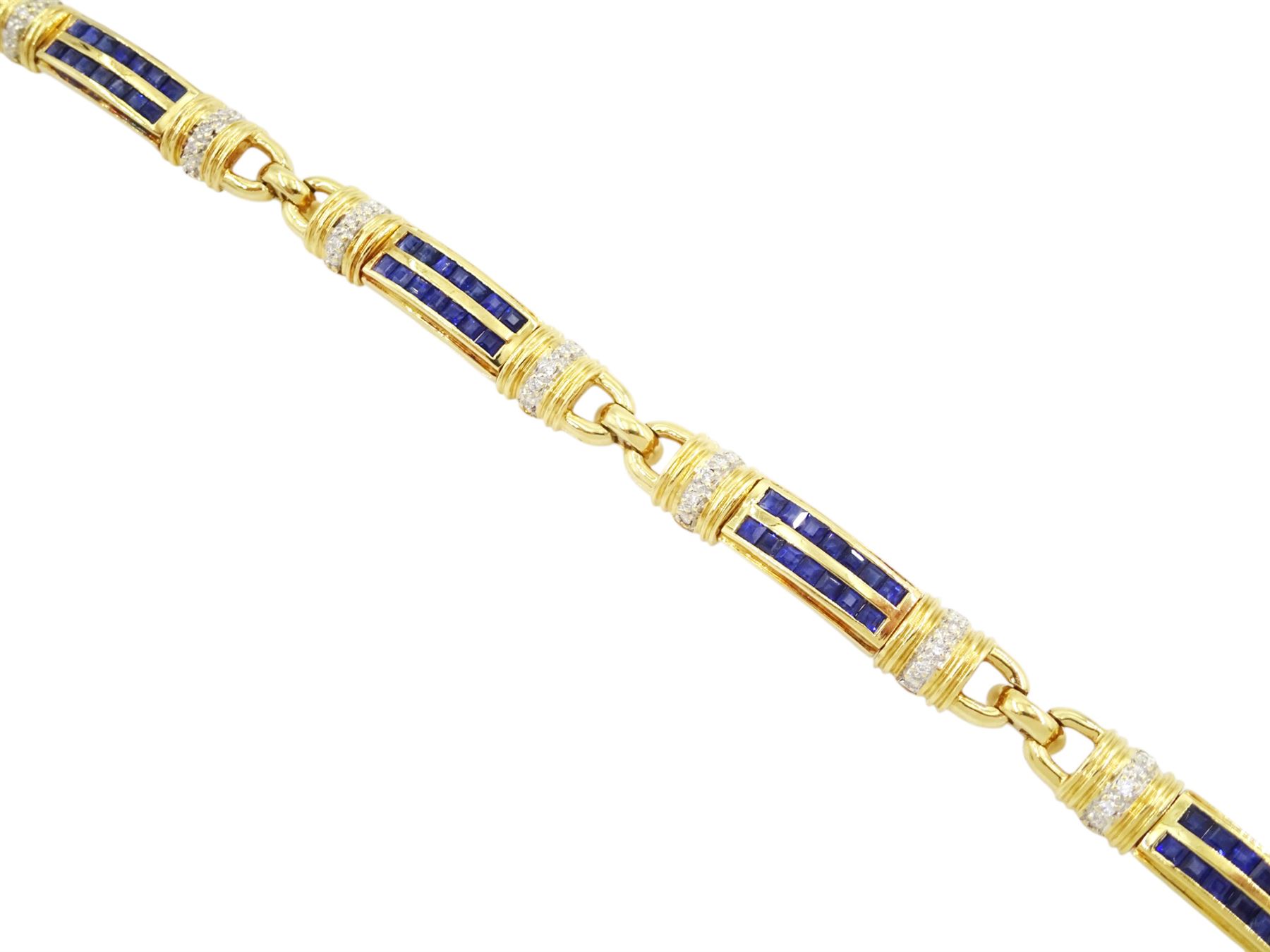 18ct gold sapphire and diamond bracelet, each link set with two rows of rectangular step cut sapphires, with pave set diamonds either side, stamped, total diamond weight 0.40 carat, total sapphire weight 2.50 carat, with World Gemological Institute report
