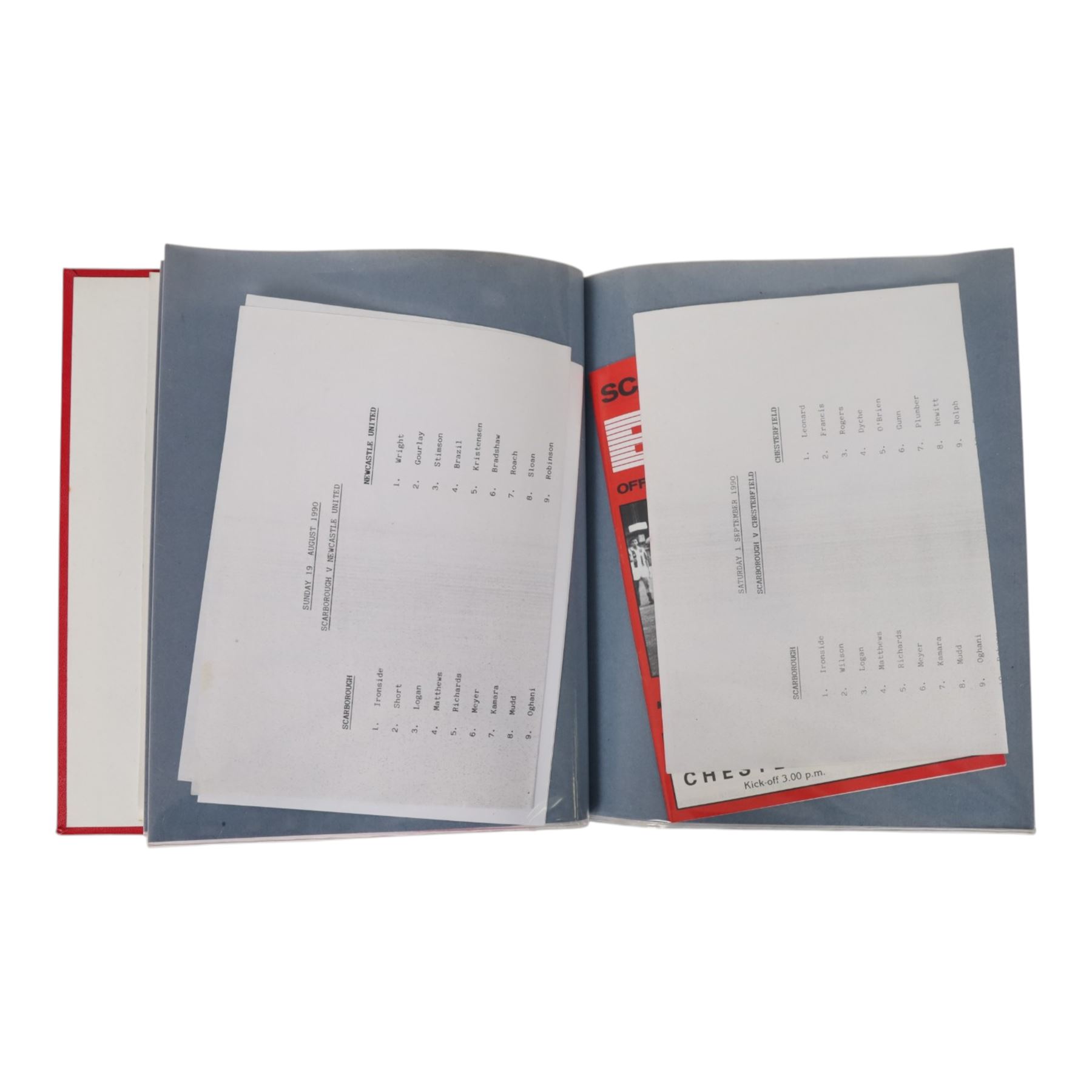 Comprehensive collection of approximately one hundred and seventy Scarborough FC football programmes for the 1990/91, 1991/92 and 1992/93  seasons, all filed within six dedicated Scarborough FC red Home and Away binders