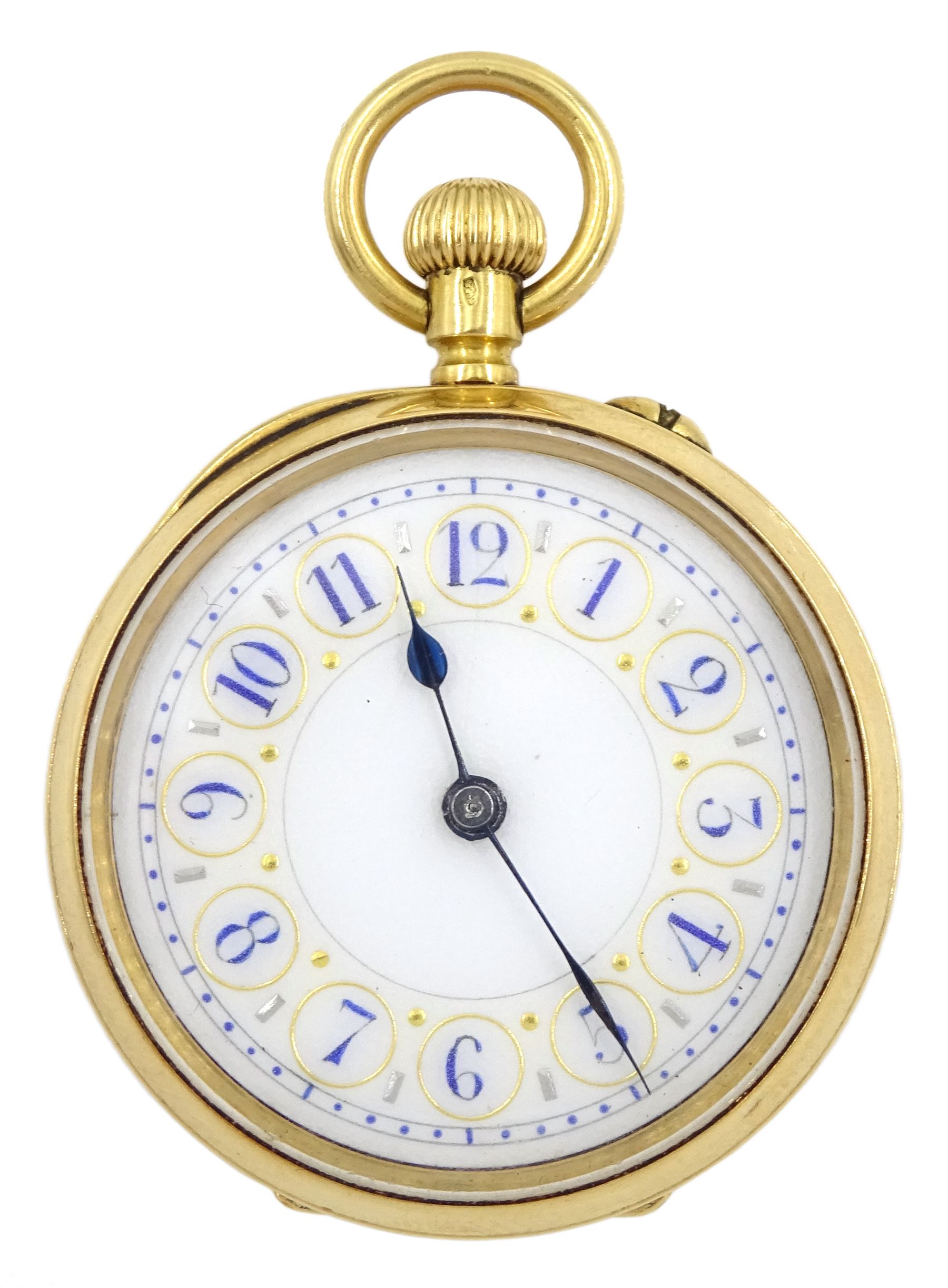 Swiss 18ct gold open face keyless cylinder fob watch, white enamel dial with Arabic numerals, back case No. 620122 with monogramed initials, stamped 18c with Helvetia hallmark