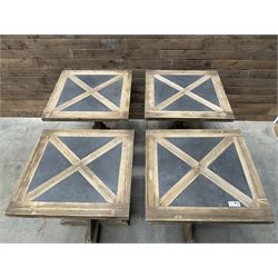 4 x Rustic square restaurant bistro table, parquetry top, X shaped base