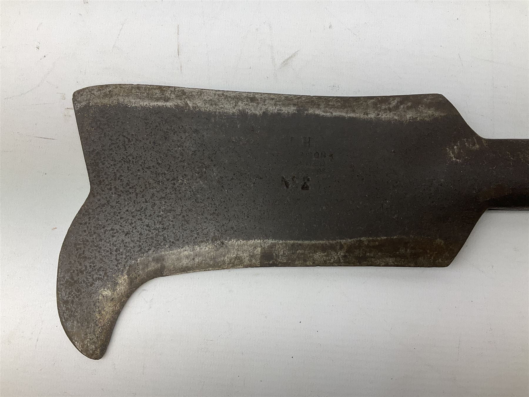 Estwing Black Eagle style double bit throwing axe with leather grip, virtually mint with labels present, plastic blade protectors and nylon sheath L43cm; another smaller Estwing axe stamped 24A to the pommel, with leather grip and sheath; and a vintage short handled hedge knife, the blade stamped IH (?) No.2 (3)