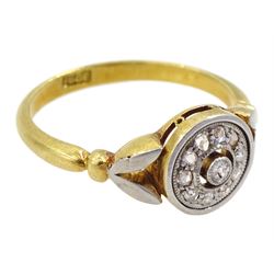 Art Deco gold milgrain set old cut diamond circular ring, stamped 18ct