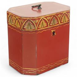 Regency period rare red toleware tea caddy of octagonal from, the cover decorated with a repeating pattern of gilt leaves, with key, H11cm 