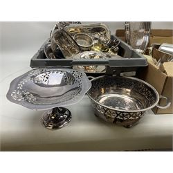 Silver miniature twin handled trophy, hallmarked London 1950, silver adjustable bracelet cuff hallmarked Chester 1943, silver spoon and fork together wit large quantity of predominantly silver-plated metalware, to include cased cutlery, tea sets, Viners, etc in three boxes