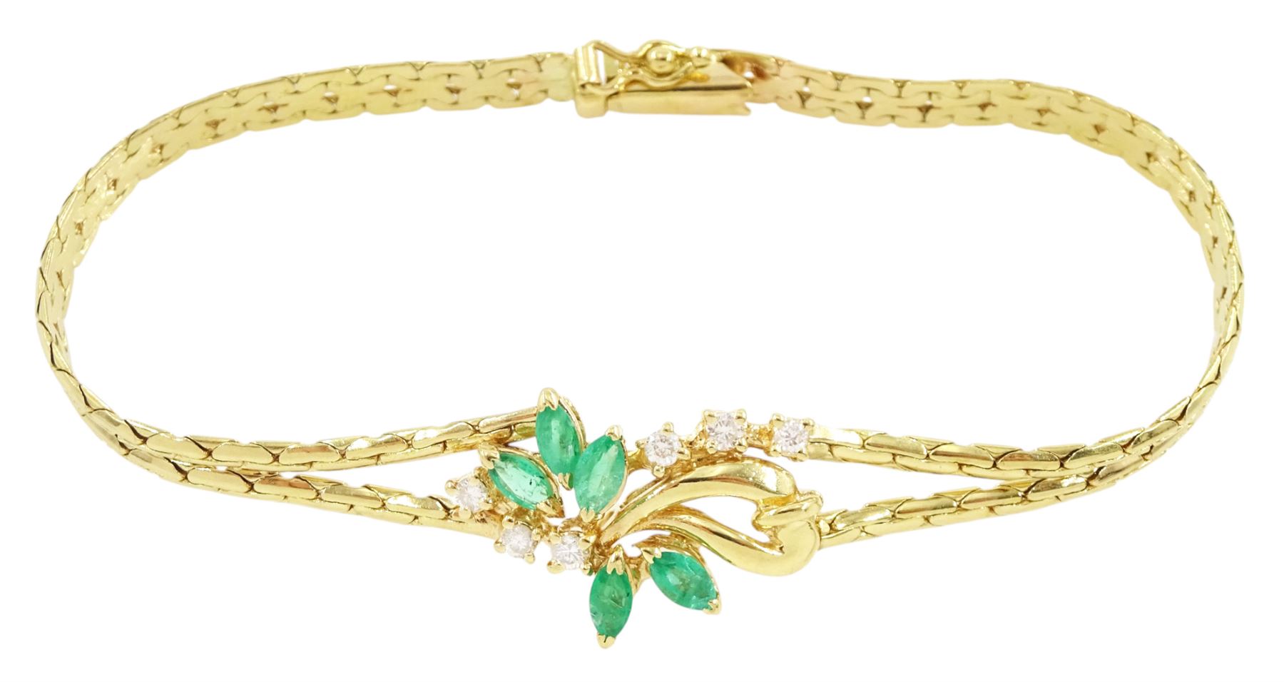 18ct gold five stone, marquise cut emerald and five stone, round brilliant cut diamond bracelet, stamped 750