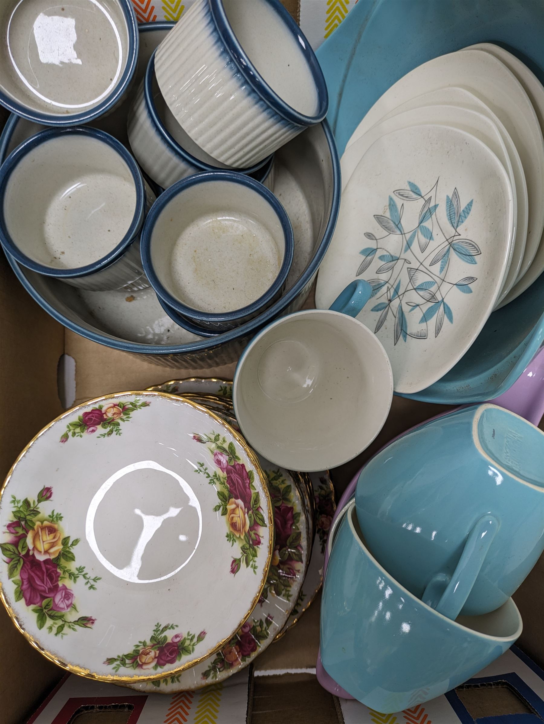 Royal Doulton figure Joy, Royal Albert Old Country Roses ceramics, Aynsley Blue Garland dinner wares, and a collection of other ceramics, in two boxes 