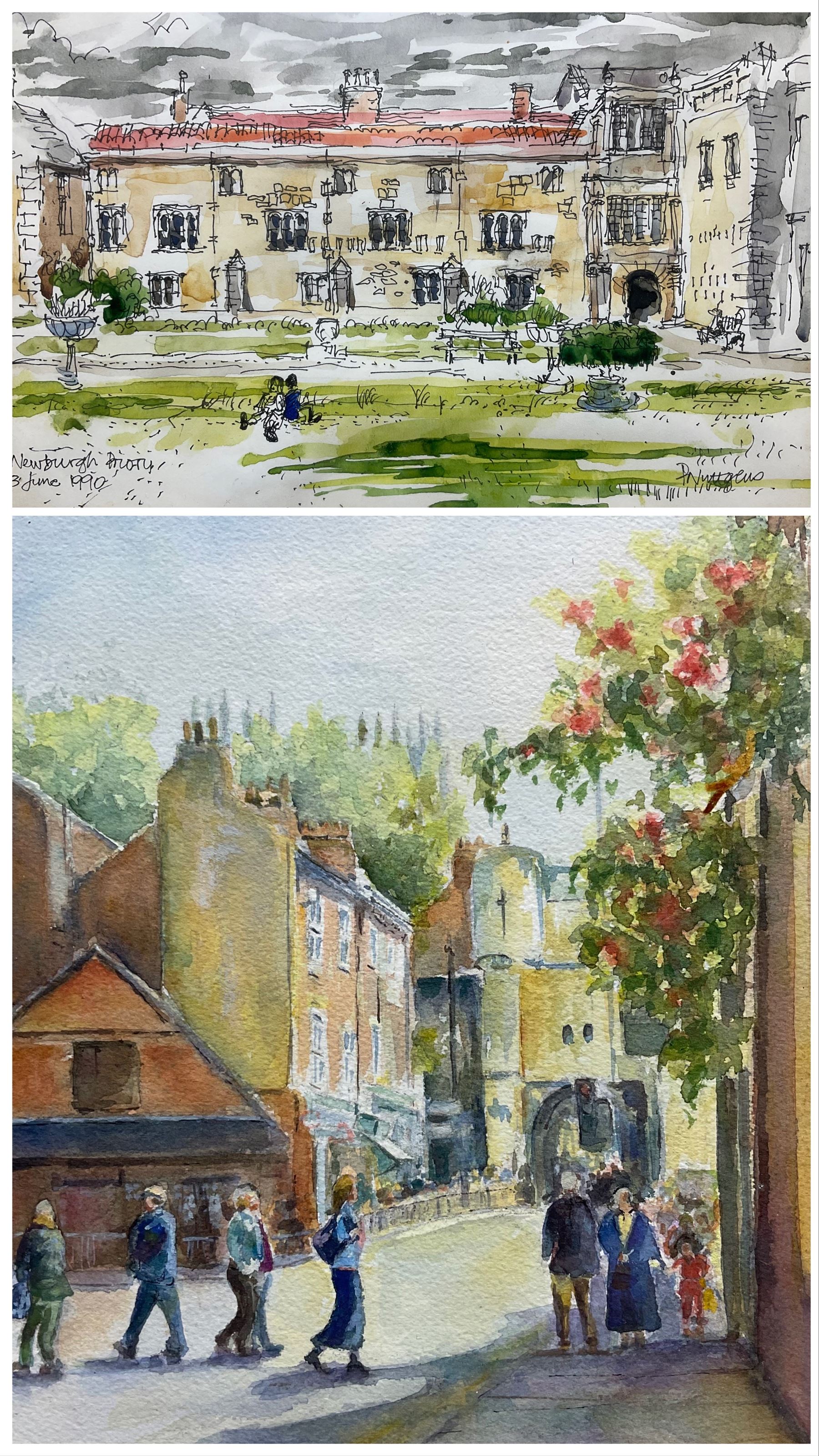 Diane E Thornton (British 1949-): 'Bootham York', watercolour signed 25cm x 20cm.  Patrick John Nuttgens CBE (British 1930-2004): 'Newburgh Priory', pen and colour washes signed titled and dated 3rd June 1990, 16cm x 25cm (2)