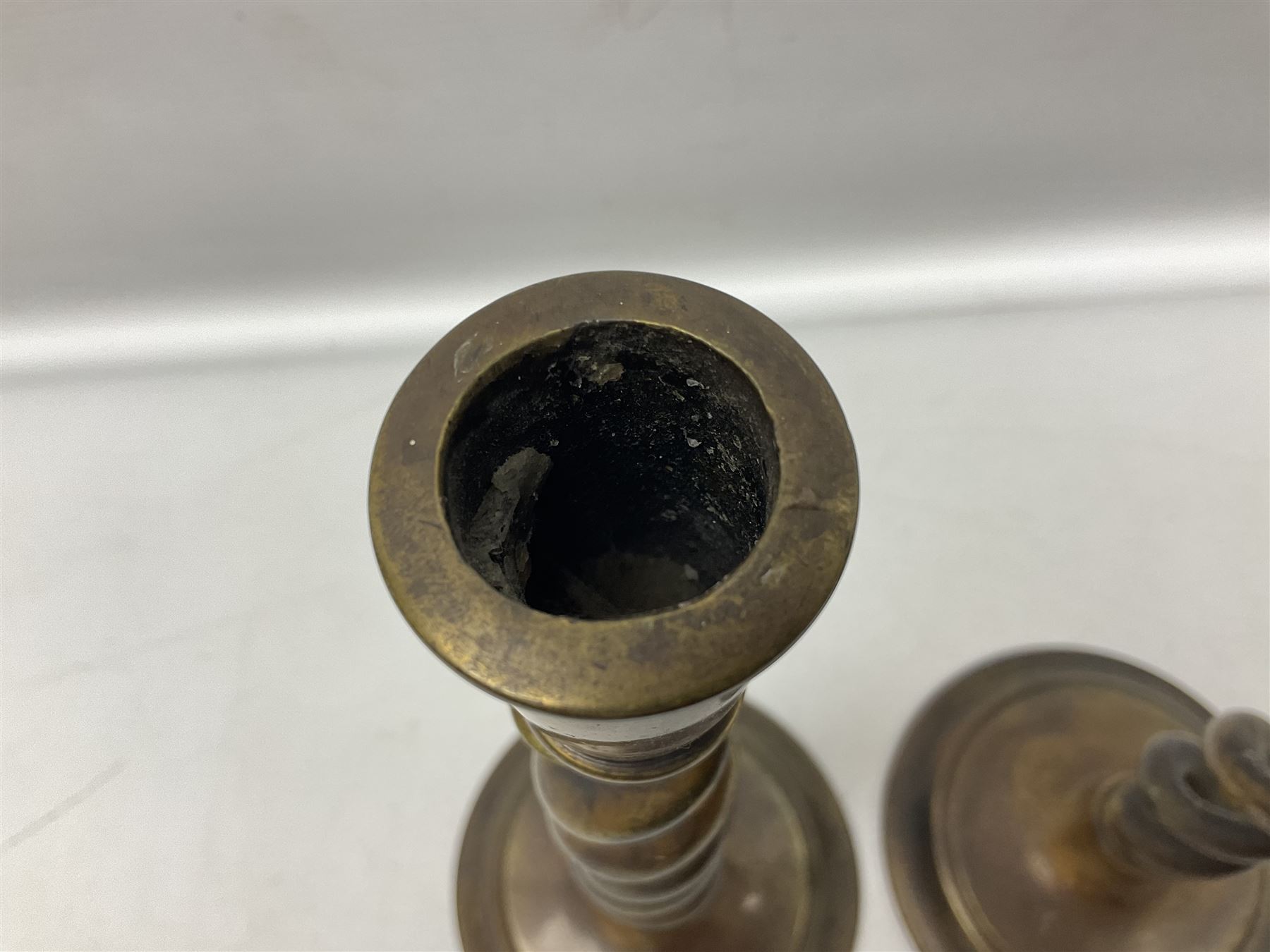 Pair of Victorian brass barley twist candle sticks, H30cm