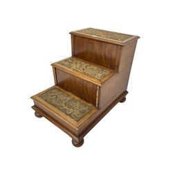 19th century mahogany step commode, pull-out action to reveal commode, the top with hinged lid, on turned feet