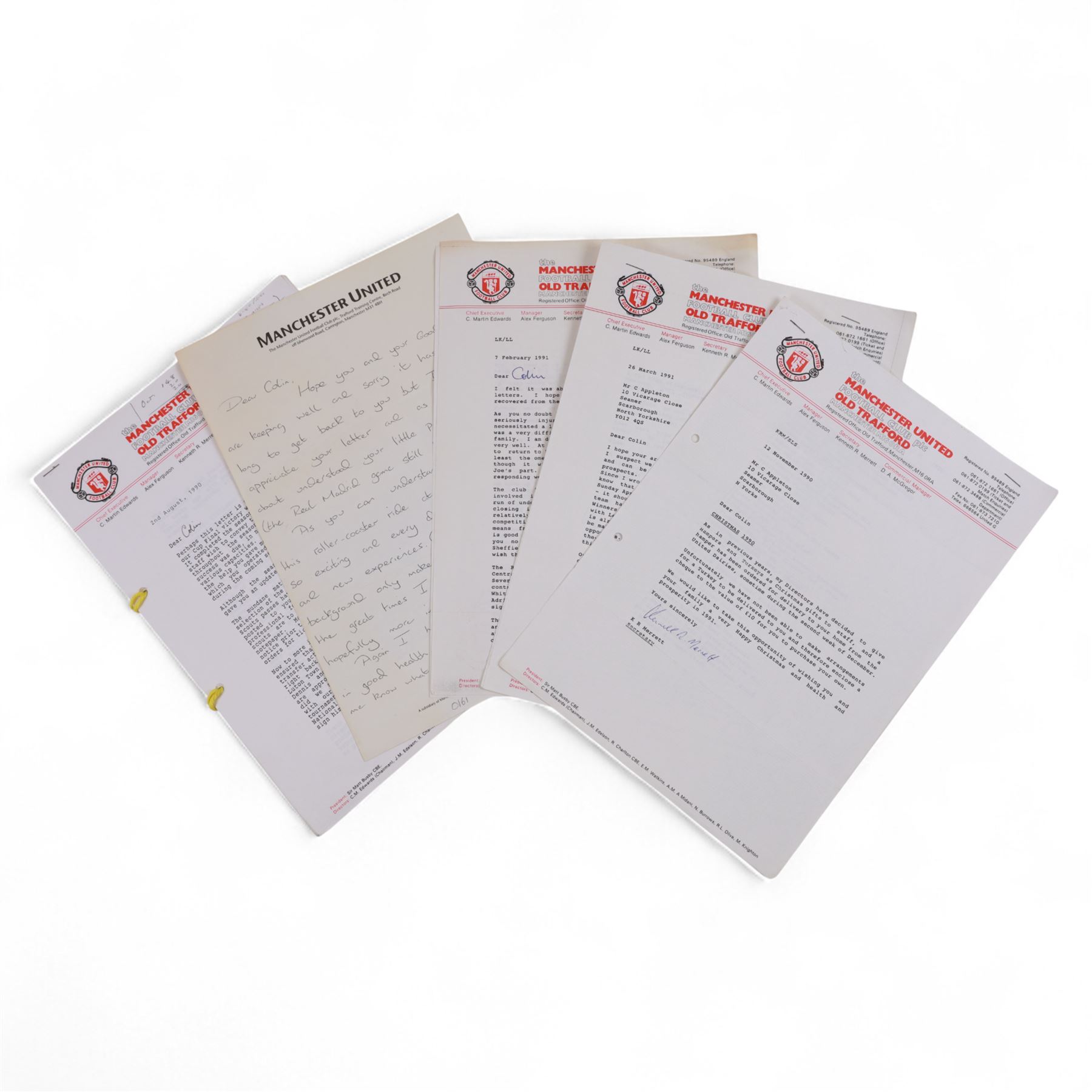Collection of letters addressed to Colin Appleton, former Leicester City captain and Scarborough FC manger, all on Manchester United letterheads, including a hand written personal letter from former England manager Steve McClarren discussing his experiences as a Manchester United player, and from Manchester United staff members Les Kershaw Chief Scout and Ken Merrett Club Secretary, regarding Colin's time as a scout for the club, updates on player's injuries and progress during the 1990/1991 season, ticket purchases, Christmas hampers and expenses