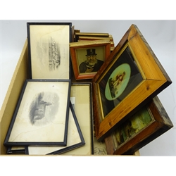  Six Vanity Fair prints in leather frames, framed lithographs, Victorian reverse painting on glass in rosewood frame and other prints in one box  