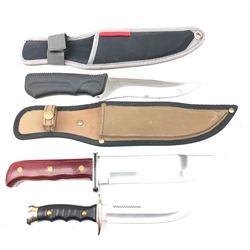  Hunting knife, 17cm single edge blade stamped Tramontina with brass rivited wooden slab grip, L29.5cm in sheath, another, 14cm blade stamped Tramontina, composite grip marked Amazonas Two, L26cm, both in sheaths and a small hunting knife, 12cm blade marked Muela with shaped grip, L21cm (3)  