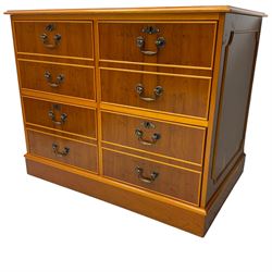 Georgian design yew wood filing cabinet, moulded rectangular top with inset leather, fitted with four cock-beaded filing drawers, on skirted base