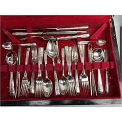 De Montfort cased canteen of silver plated cutlery for six place settings, together with further cased canteen of spoons and forks stamped Bon Marche