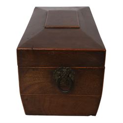 Marquetry inlaid satinwood tea caddy, of rectangular for the hinged cover and front with conch shell motifs, with two compartments, together with a sarcophagus shaped tea caddy