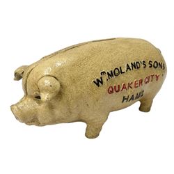 Cast iron reproduction Wm. Moland's Sons Quaker City Hams money box, H10cm