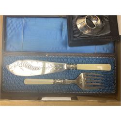 Uranium green glass vase, together with cranberry glass jug, glass dish with silver plate rim, glass cruet set etc, in two boxes 