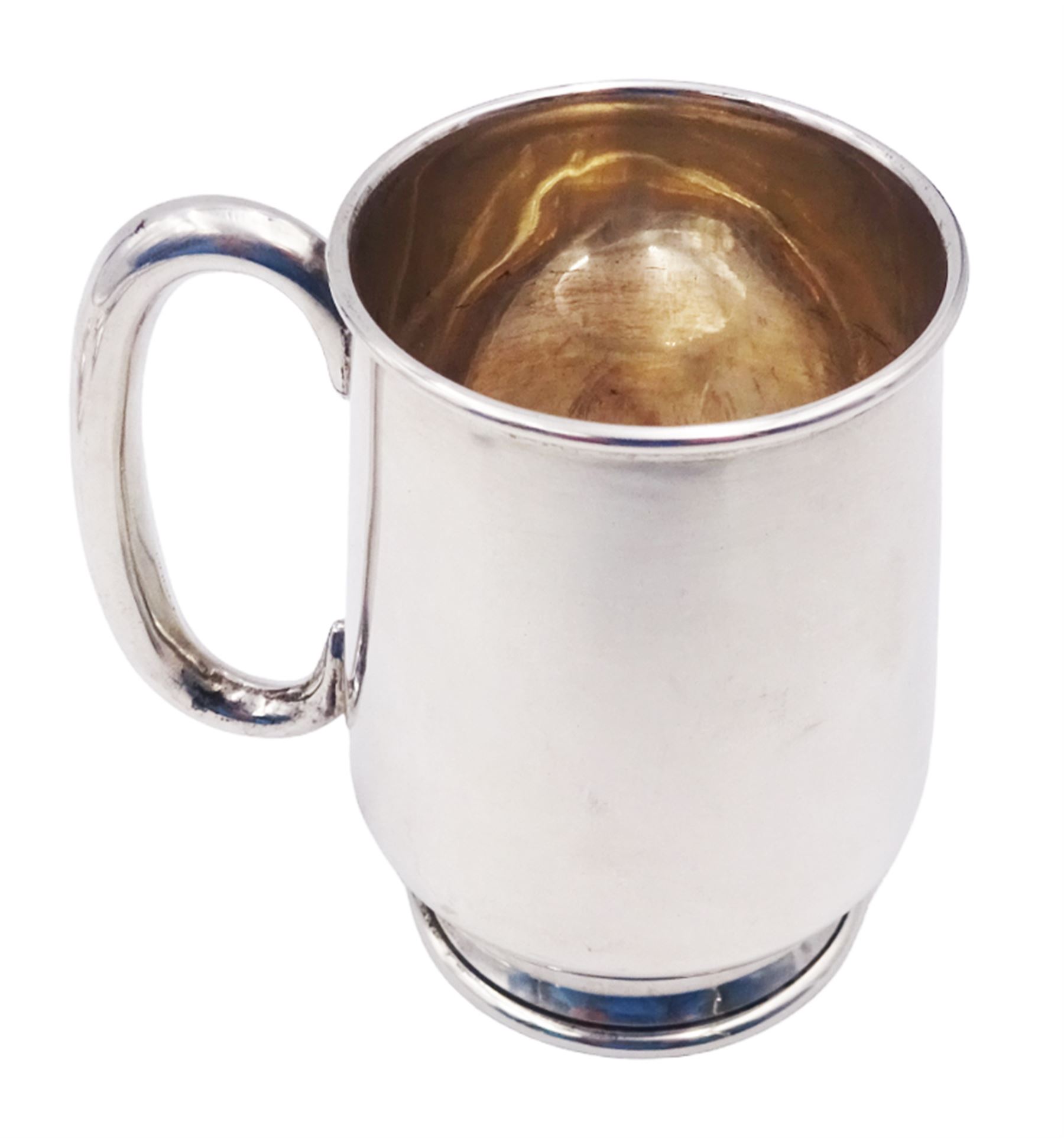 Small 1930's christening mug, of slightly tapering plain form, with C handle, upon circular spreading foot, hallmarked Barker Brothers Silver Ltd, Birmingham 1936, together with a set of twelve Dutch silver coffee spoons, with twist handles, impressed with GZ for Johannes Albertus Adolf Gerritsen and sword mark to bowls and five other silver spoons, each with varying designs and hallmarks, approximate total weight 7.42 ozt (230.5 grams)
