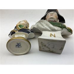 Group of Napoleonic busts comprising ‎Rudolf Kämmer Volkstedt examples of General Jean Lannes, 1st Duc de Montebello and Scottish Highland Infantry soldier and Rifleman 1803, all with blue crowned K marks beneath, and a bust of Napoleon raised upon square plinth, tallest H12cm