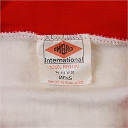 1960s Scarborough FC long sleeved football shirt, all white with red cuffs and collar, red umbro logo, stitched red SFC logo and red number 13 to back, with Umbro International label inside collar