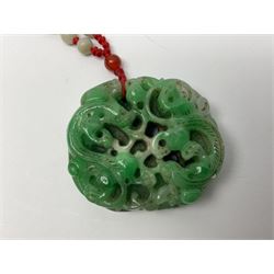 Chinese hardstone carving of a fish amongst coral, with platted rope handle, together with other hardstone and soft stone carvings  