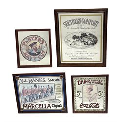 Four advertising mirrors, comprising of Southern Comfort, All Ranks smoke Marcella Cigars, Coca-Cola and Player's Navy Cut, largest example H70cm, L60.5cm