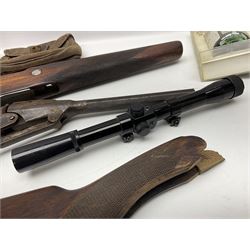Assorted rifle and pistol spares; early Gem air rifle with sawn off barrel (piece present); telescopic sight; canvas/leather ammunition pouch; Mauser stock; barrel browning solution etc