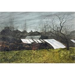 Michael Felmingham (British 1935-): Washing Drying with Rooftop Silhouette, watercolour signed 35cm x 51cm