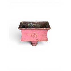 Edwardian heavy cast iron rainwater hopper, with water motif, painted in pale red finish