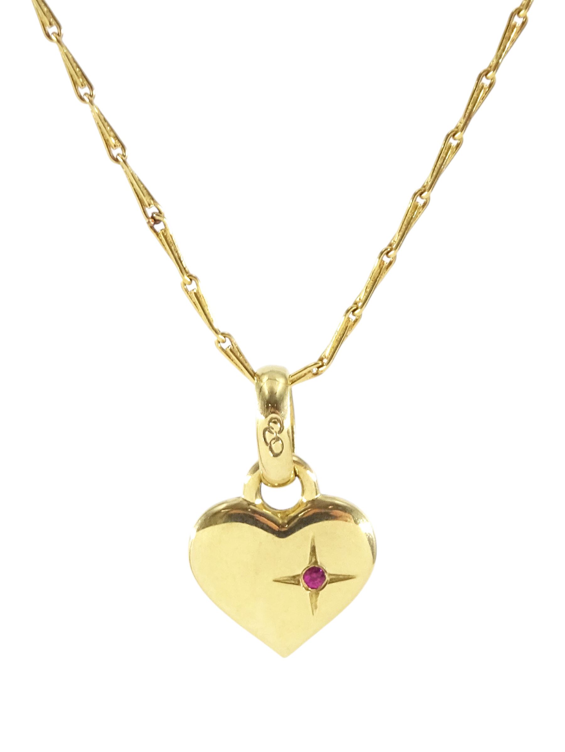 Links of London 18ct gold heart pendant, set with a single ruby, on 18ct gold fancy link chain necklace, both hallmarked